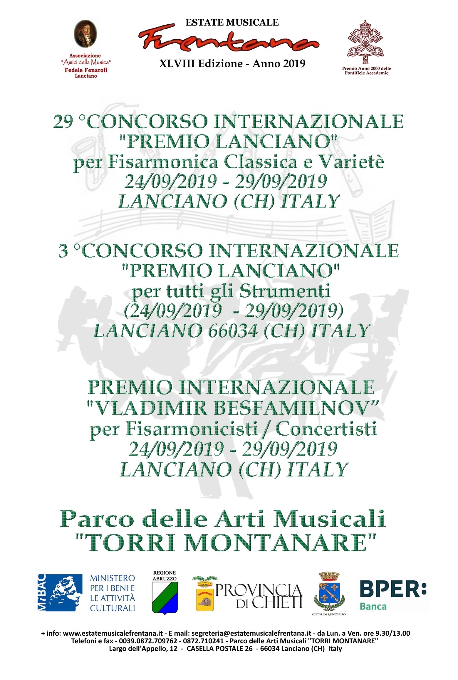 IL 29 °CONCORSO INTERNAZIONALE "PREMIO LANCIANO" PER FISARMONICA CLASSICA E VARIETÈ   (24/09/2019  - 29/09/2019) -  LANCIANO 66034 (CH) ITALY
