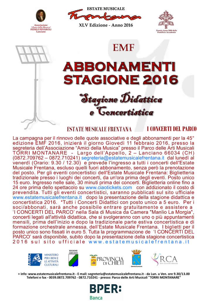 CAMPAGNA ABBONAMENTI STAGIONE DIDATTICA E CONCERTISTICA EMF 2016